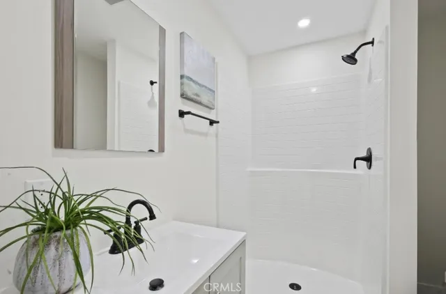 a bathroom with a sink a shower and a mirror