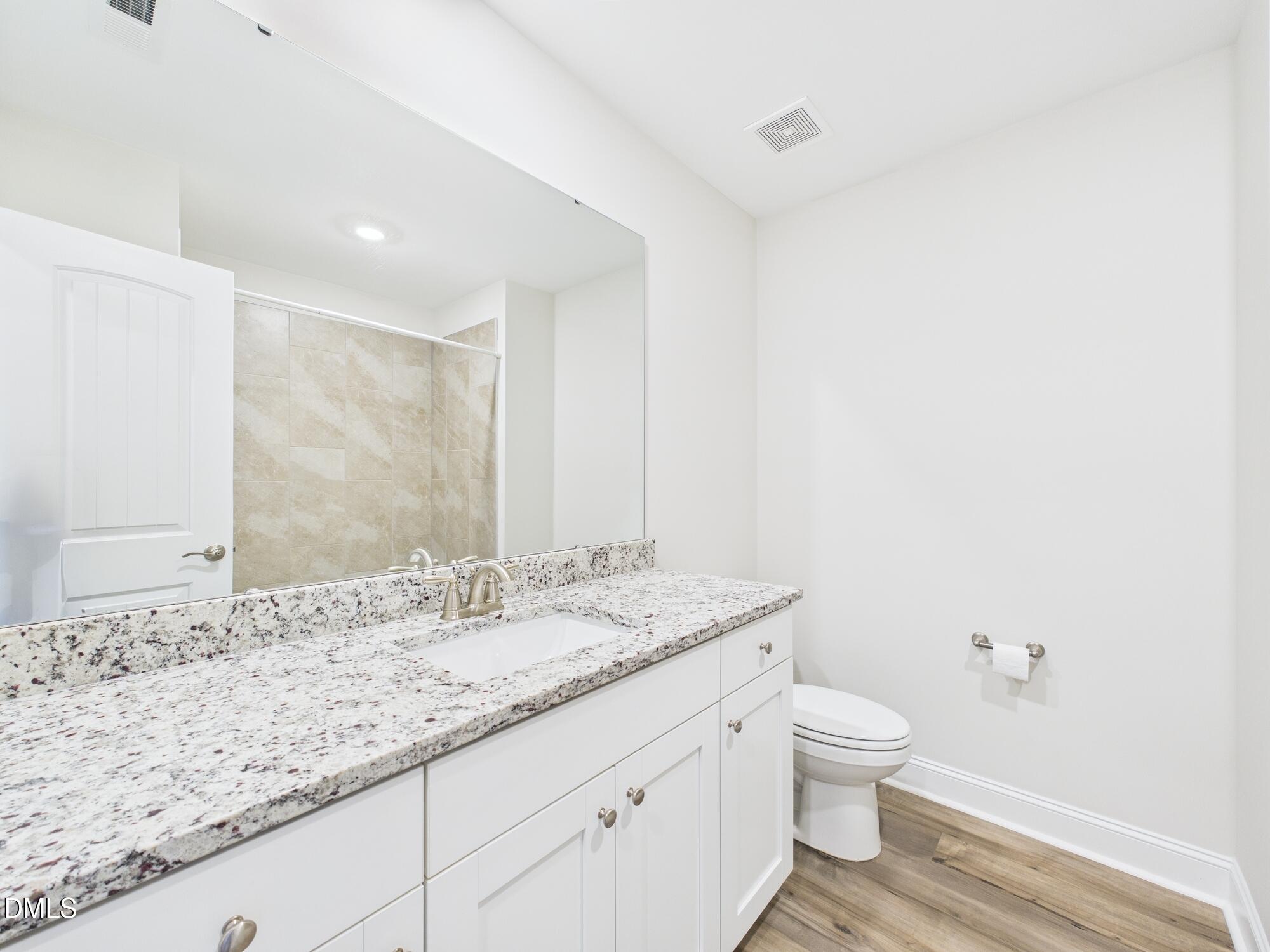 110 Symmetry Loop Youngsville, NC 27596 - Photo 59 of 72 a bathroom with a granite countertop sink a toilet and a mirror