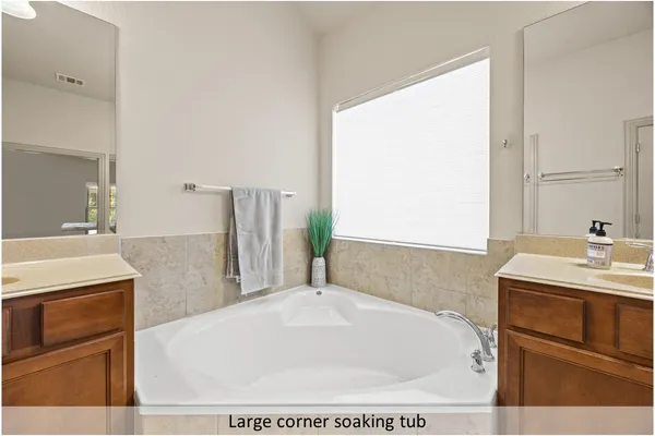 a bathroom with a bathtub sink and mirror