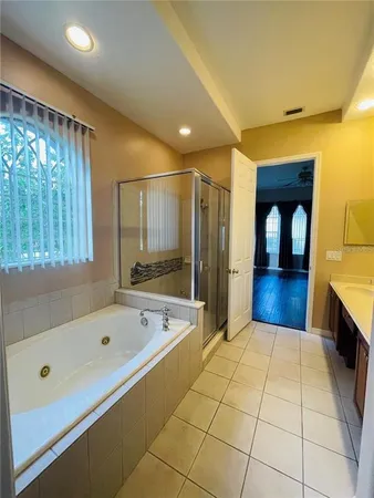 a bathroom with a tub a sink and a large mirror