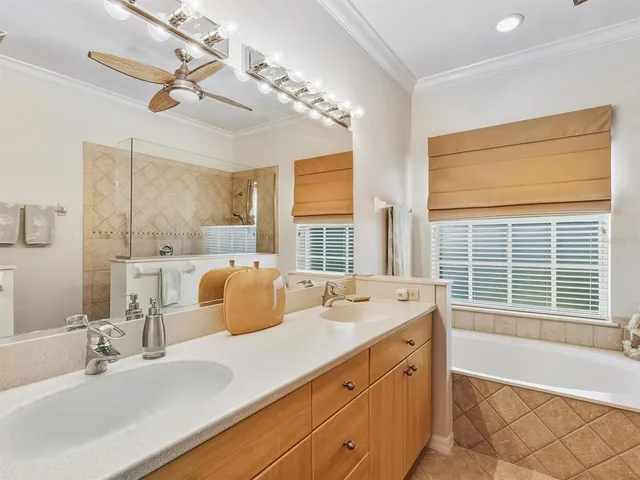 a bathroom with a granite countertop sink mirror and a bathtub