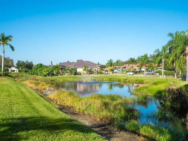 a view of a lake with houses in the background