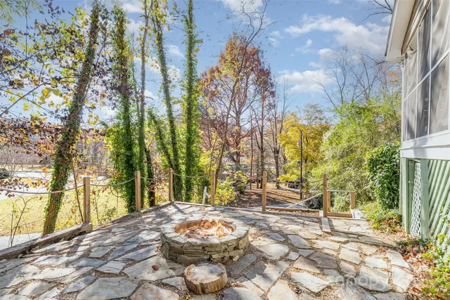 a view of a yard with plants and trees