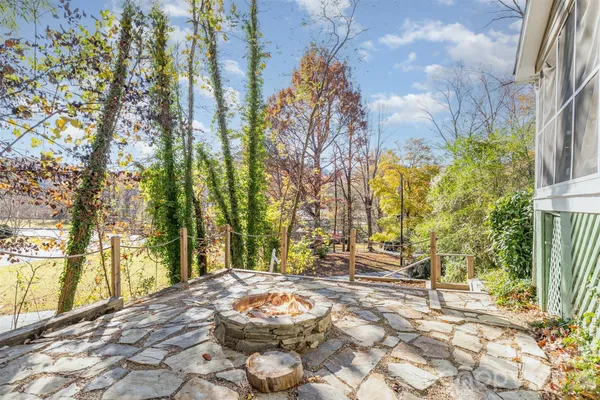 a view of a yard with plants and trees
