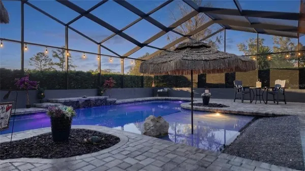 an aerial view of a swimming pool