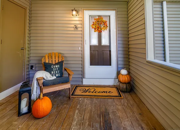 a balcony with wooden floor and a potted plant