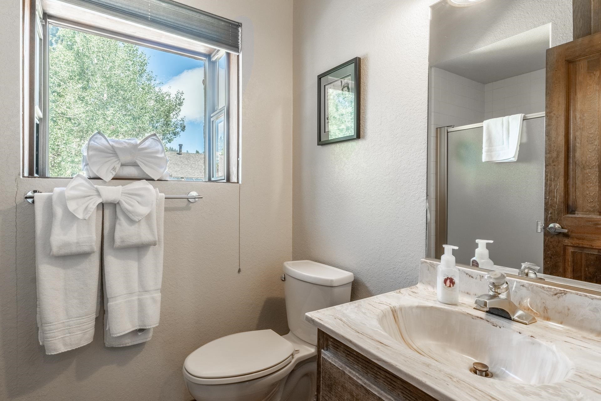 384 Joaquin Road, Unit 36 Mammoth Lakes, CA 93546 - Photo 22 of 36 Bathroom featuring a vanity with a light-toned countertop, an integrated sink, a large mirror, and a