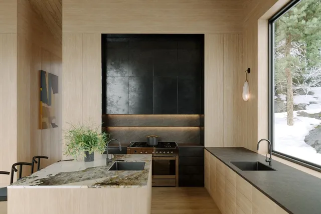 a kitchen with granite countertop a sink and a stove