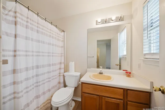 a bathroom with a sink a toilet and shower curtain