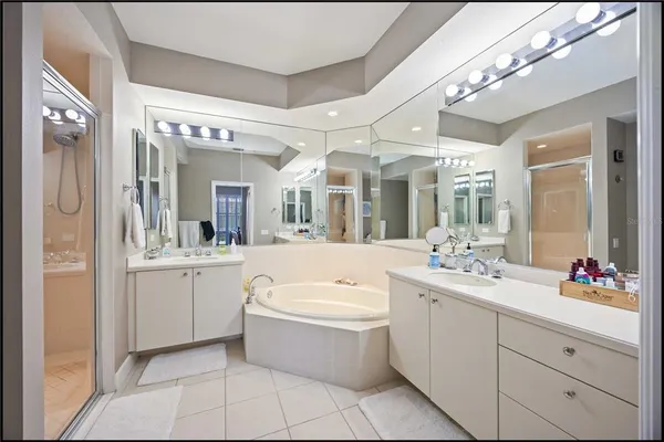 a bathroom with a large tub vanity sink and mirror