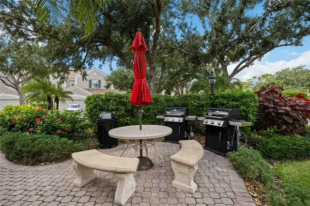a view of a backyard with a table and a chairs