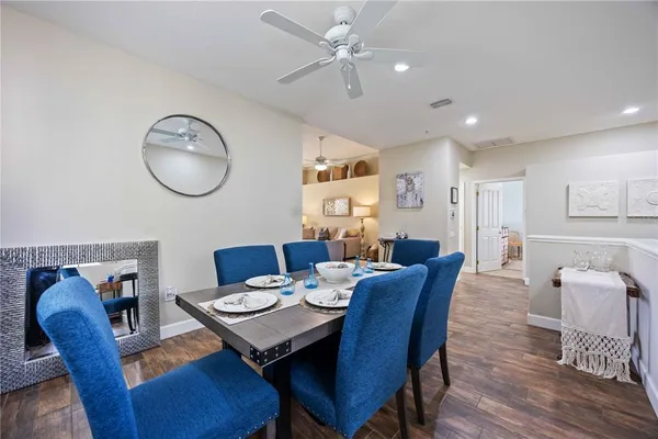 a view of a dining room with furniture