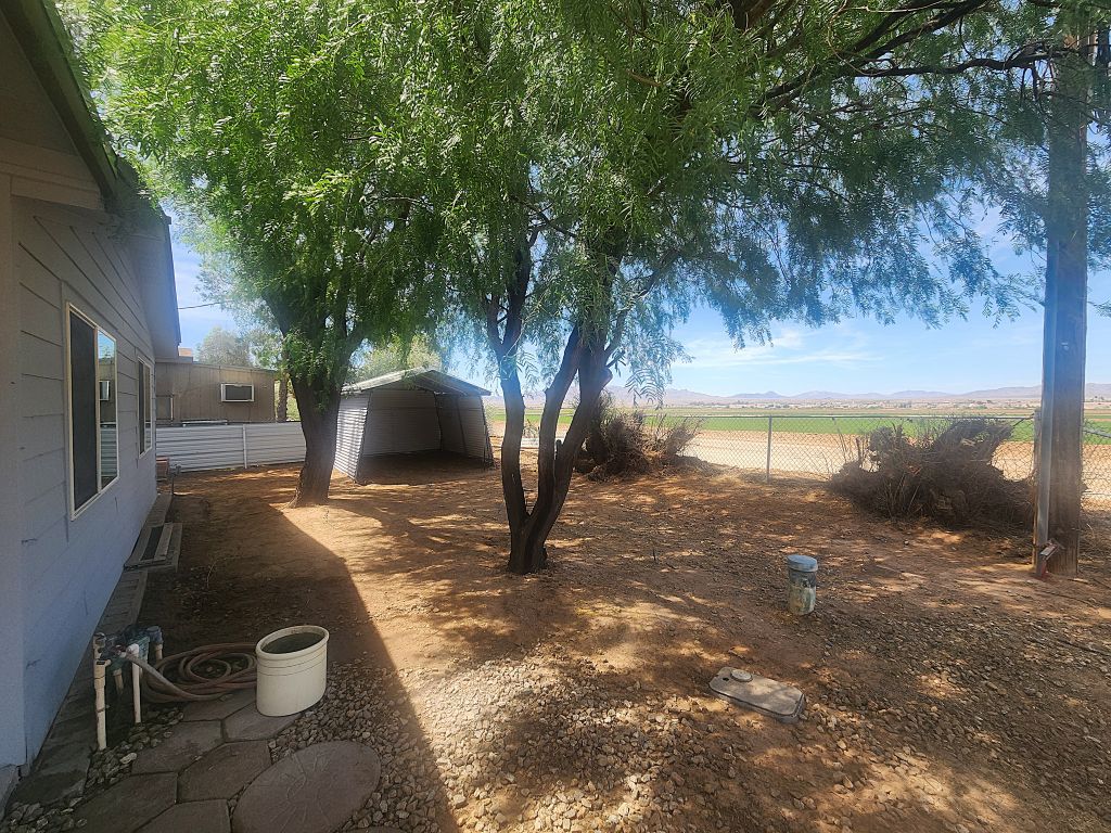 8257 Green Valley Road Mohave Valley, AZ 86440 - Photo 13 of 41 Expansive rear yard featuring mature trees, a detached open shed, and a chain-link fence bordering an open field