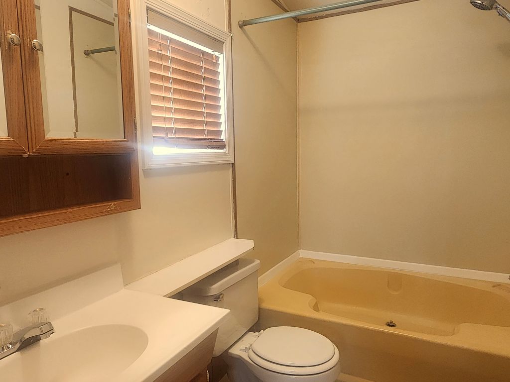 8257 Green Valley Road Mohave Valley, AZ 86440 - Photo 25 of 41 Bathroom featuring a vanity with an integrated sink, a medicine cabinet with mirrored doors, a window with blinds, and a built-in tub with a shower fixture