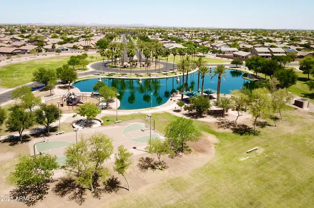 a view of a backyard with a garden and palm trees