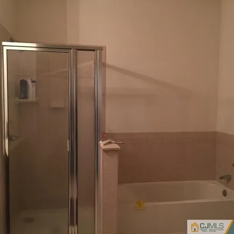a bathroom with a shower and a bath tub