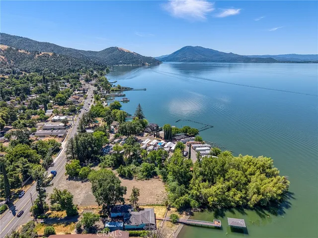 a view of a lake with a mountain in the background
