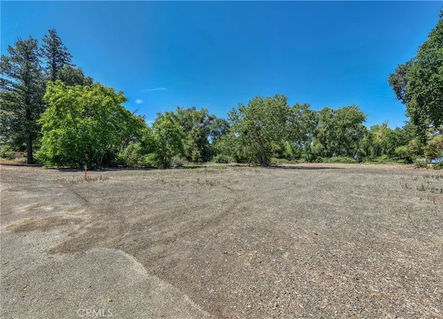 a view of a field with trees in background