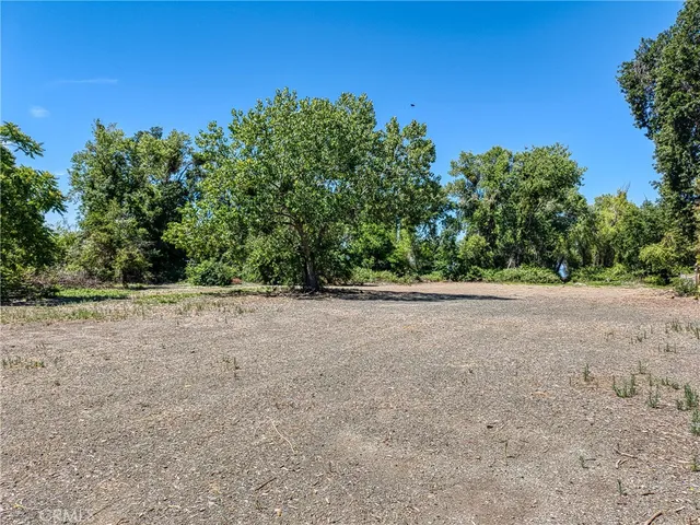 a view of a field with trees in background