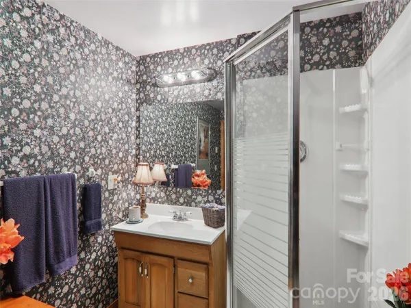 a bathroom with a sink vanity and a mirror