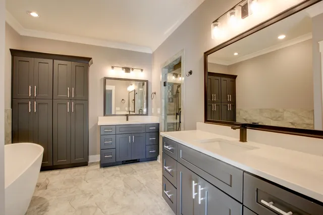 a white bath tub sitting in a bathroom