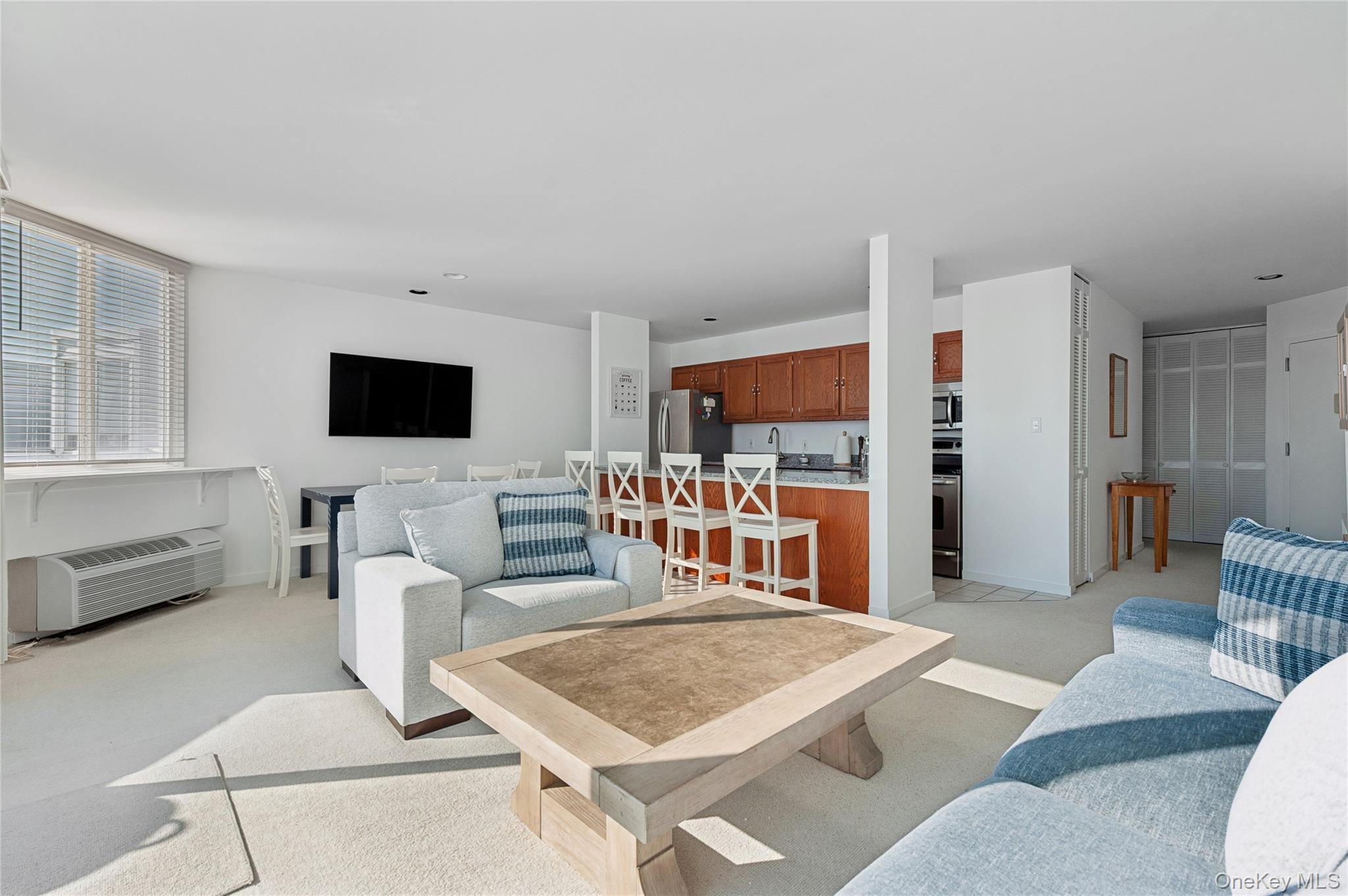 259 Dune Road, Unit 137 Westhampton Beach, NY 11978 - Photo 4 of 16 a living room with furniture and a flat screen tv