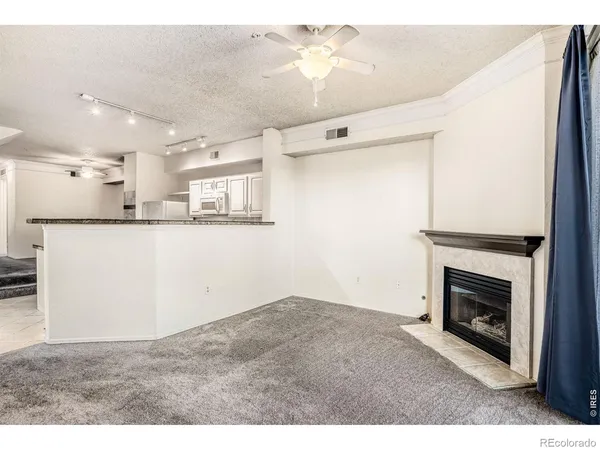a view of a kitchen with cabinets and a fireplace