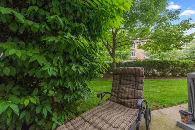 a view of a backyard with table and chairs potted plants and large tree
