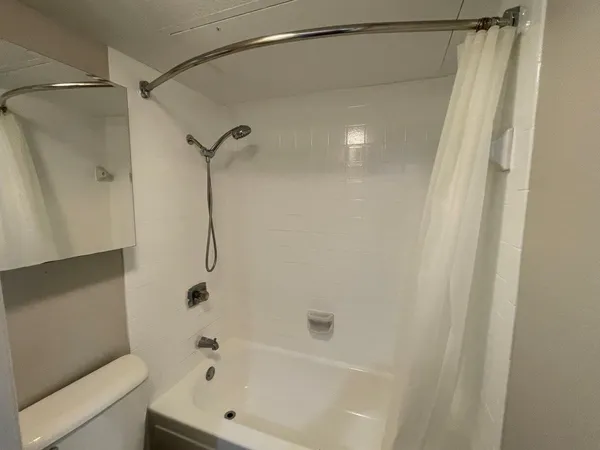 a bathroom with a shower and a bath tub