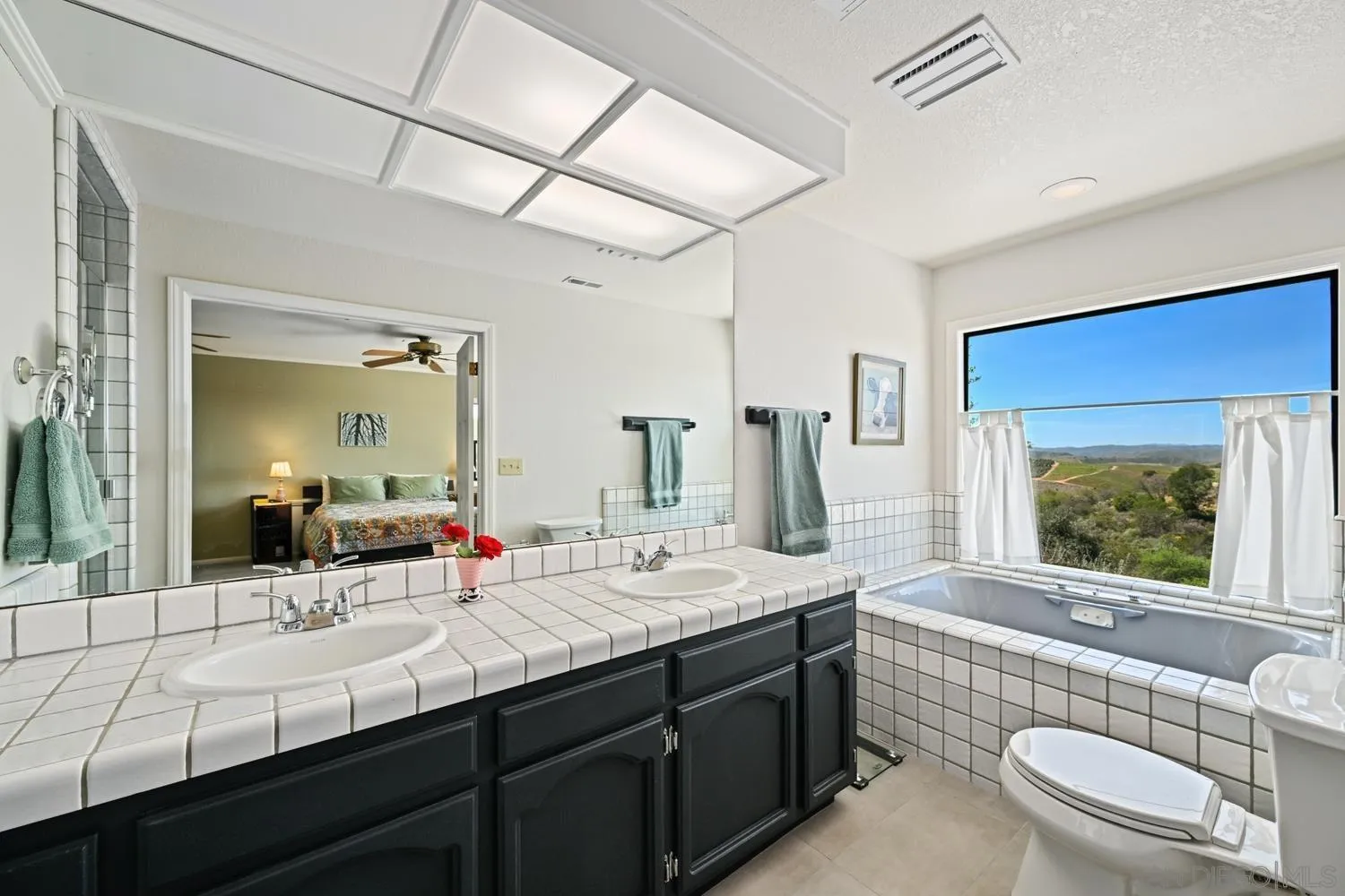 1282 Olive Avenue Fallbrook, CA 92028 - Photo 24 of 55 a bathroom with a double vanity sink a mirror and a bathtub