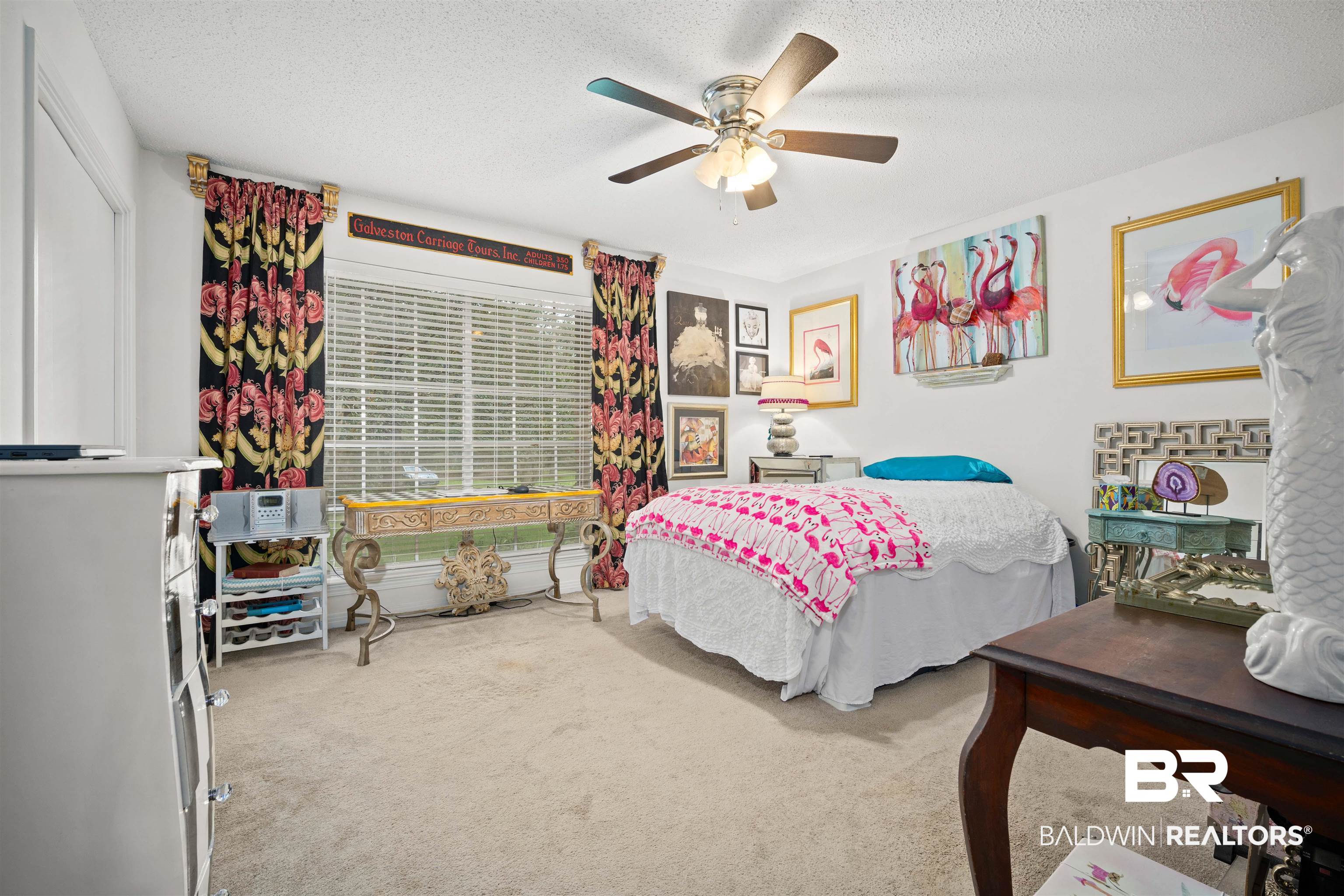 7807 Yorkhaven Road Mobile, AL 36695 - Photo 20 of 34 Bedroom with light colored carpet, a textured ceiling, and ceiling fan