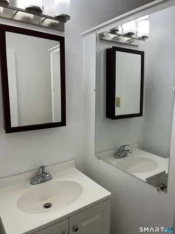 a bathroom with a sink vanity and mirror