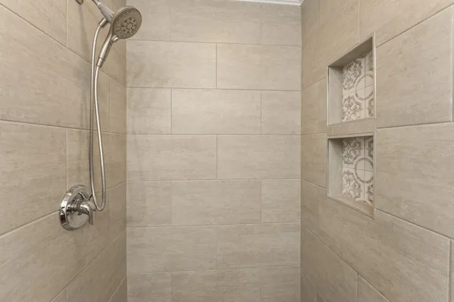 a view of a room with racks on the wall