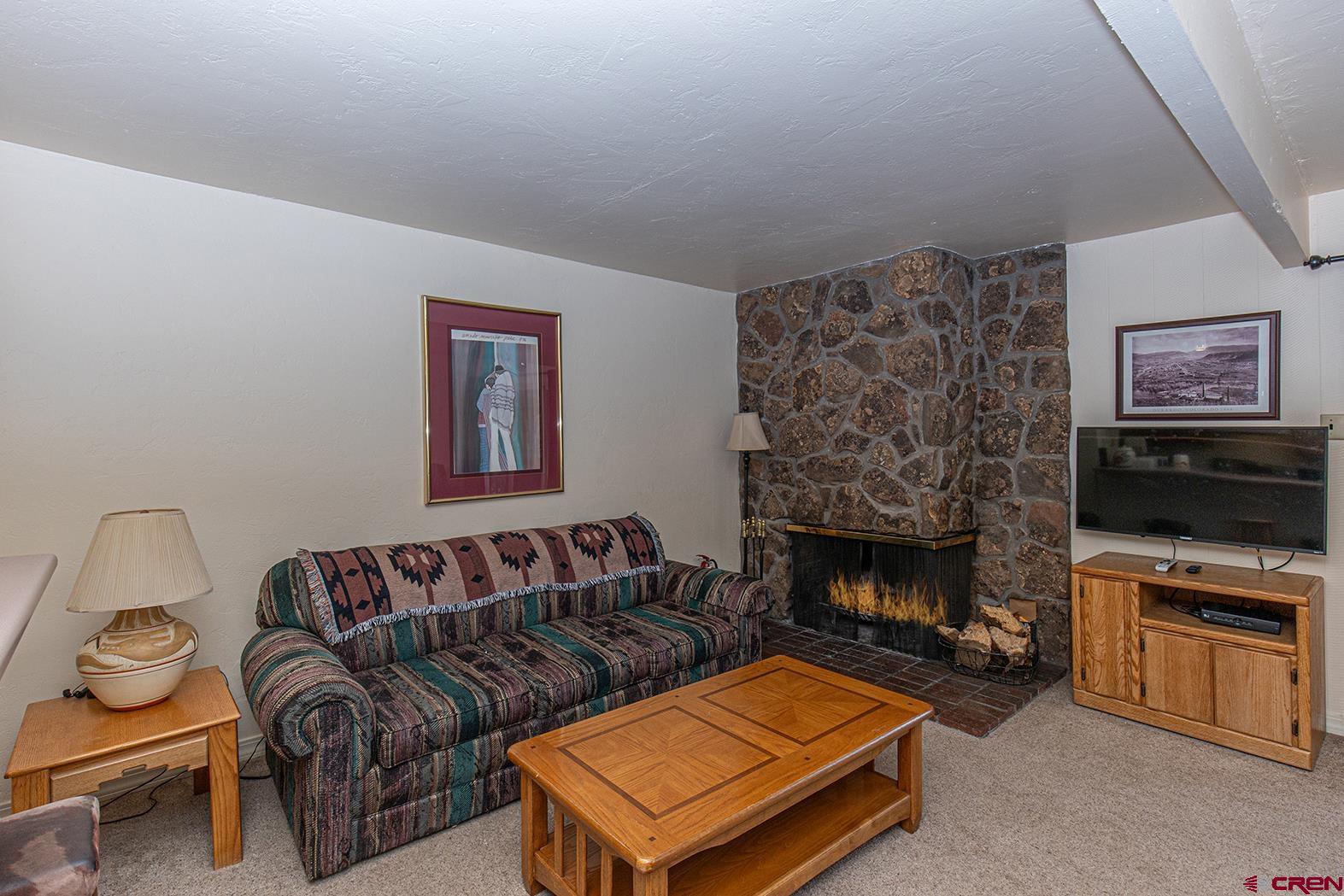 44 Sheol Street, Unit C14 Durango, CO 81301 - Photo 10 of 23 a living room with furniture a flat screen tv and a fireplace