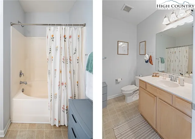 a bathroom with a double vanity sink toilet mirror and shower
