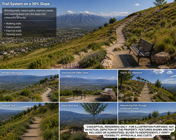 2700 South Main Street Mapleton, UT 84664 - Photo 6 of 12 Although the property's slope limits some traditional uses, it also creates opportunities for recreational amenities that complement the natural landscape. These conceptual renderings illustrate how a trail system with scenic overlooks and resting areas c