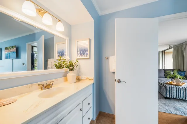 a bathroom with a granite countertop sink and a mirror