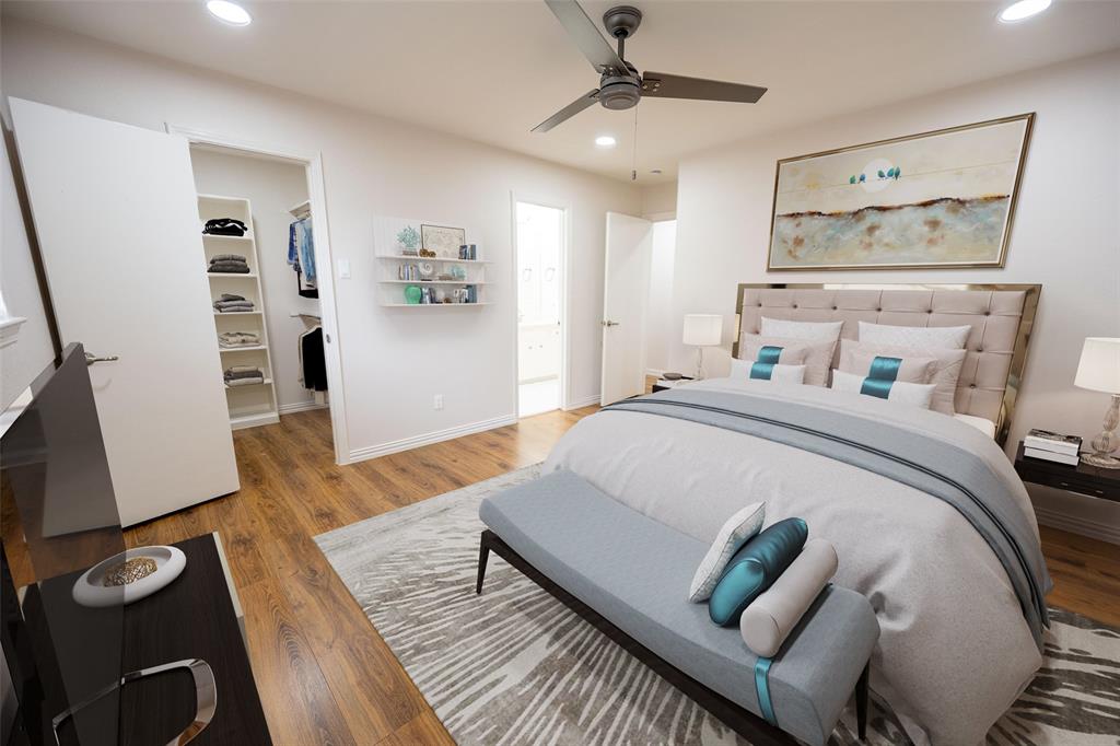 6105 Rincon Way Dallas, TX 75214 - Photo 7 of 11 a bedroom with a bed and wooden floor