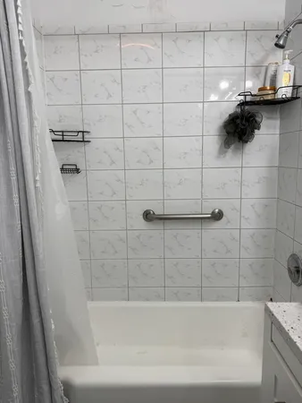 a bathroom with a bathtub