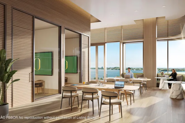 a dining room with furniture window and outside view