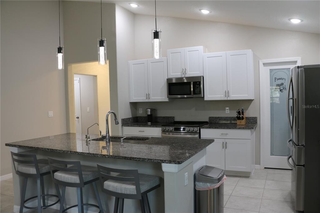 16554 Delia Street Wimauma, FL 33598 - Photo 13 of 44 a kitchen with stainless steel appliances granite countertop a sink a stove a refrigerator and island with wooden floor