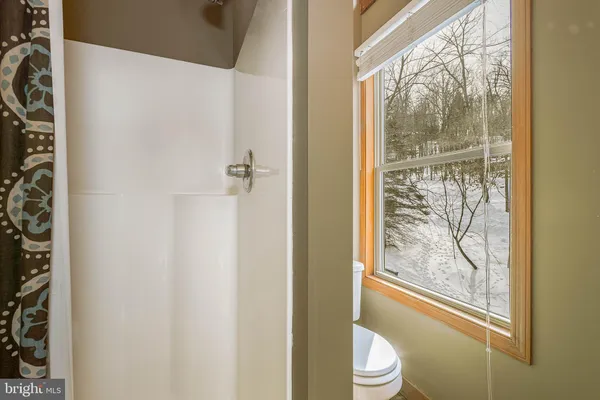 a bathroom with a toilet and a shower curtain
