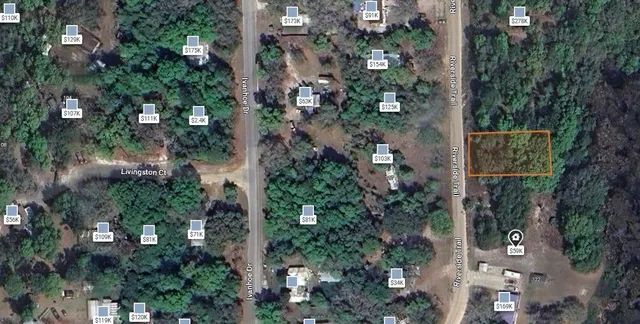 an aerial view of residential house with outdoor space and trees all around