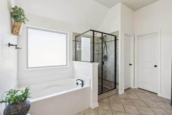 a bathroom with a bathtub and shower