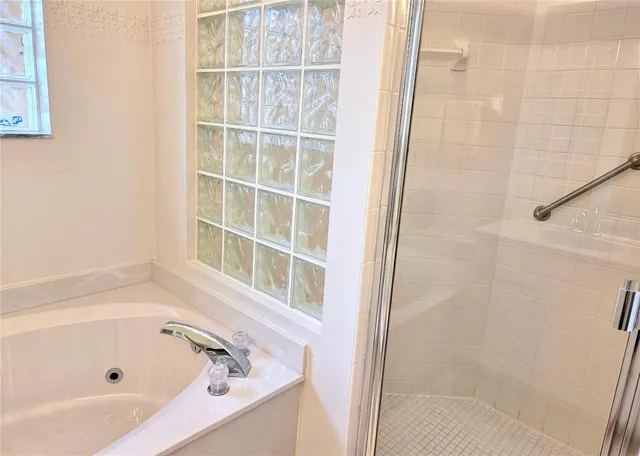 a bathroom with a bathtub and a shower