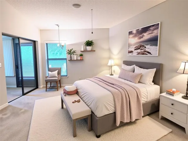 a spacious bedroom with a bed a table and painting