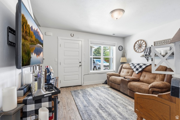 391 South 440th Street West Preston, ID 83263 - Photo 4 of 28 Living area featuring wood-finish flooring, a contemporary overhead light fixture, and a white paneled door