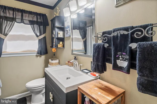 a bathroom with a sink vanity mirror and toilet