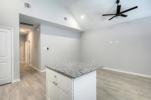 a bathroom with a granite countertop sink and shower