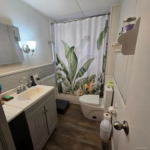 a bathroom with a sink a toilet and shower curtain
